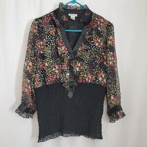 Loren D Blouse cinched Large black floral frilly vtg fairycore BOHO cottagecore